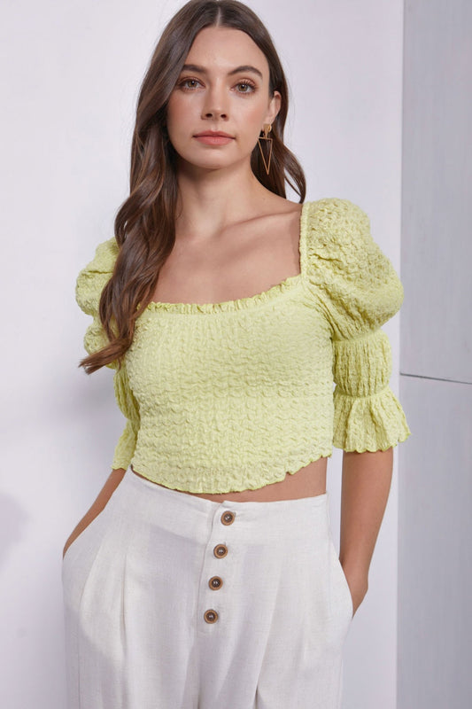 Mustard Seed Crinkle Texture Puff Sleeve Crop Top - Lemonade / S - TOPS - Mixed