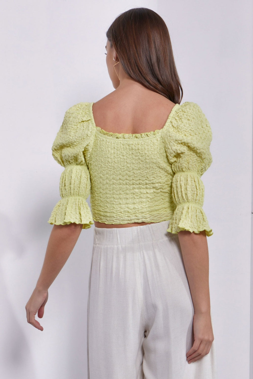 Mustard Seed Crinkle Texture Puff Sleeve Crop Top - TOPS - Mixed