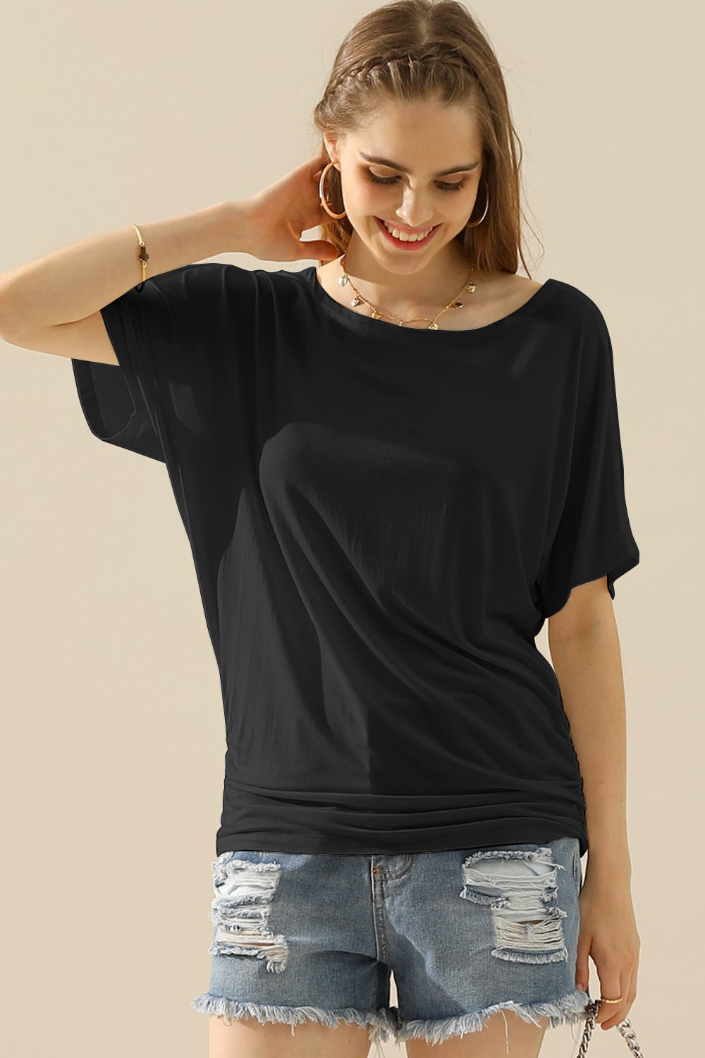Ninexis Boat Neck Short Sleeve Ruched Side Top - BLACK / S - TOPS - Mixed