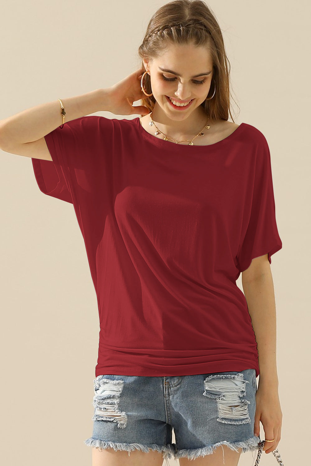 Ninexis Boat Neck Short Sleeve Ruched Side Top - BURGUNDY / S - TOPS - Mixed