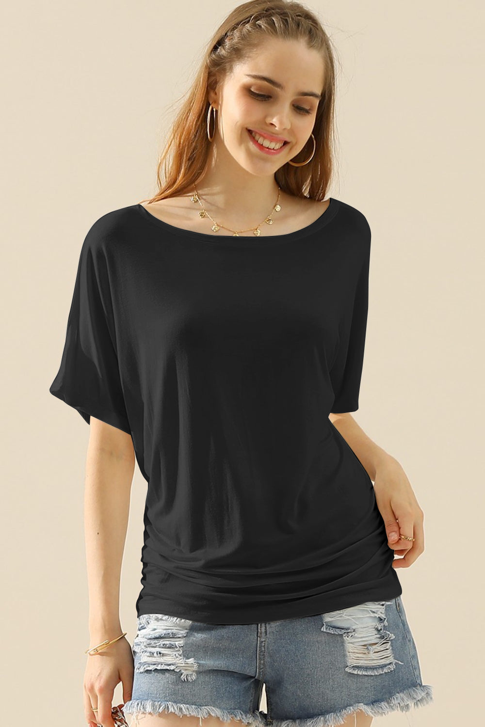 Ninexis Boat Neck Short Sleeve Ruched Side Top - TOPS - Mixed