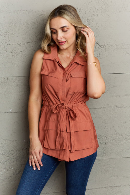 Ninexis Follow The Light Sleeveless Collared Button Down Top - Rust / S - TOPS - Rust