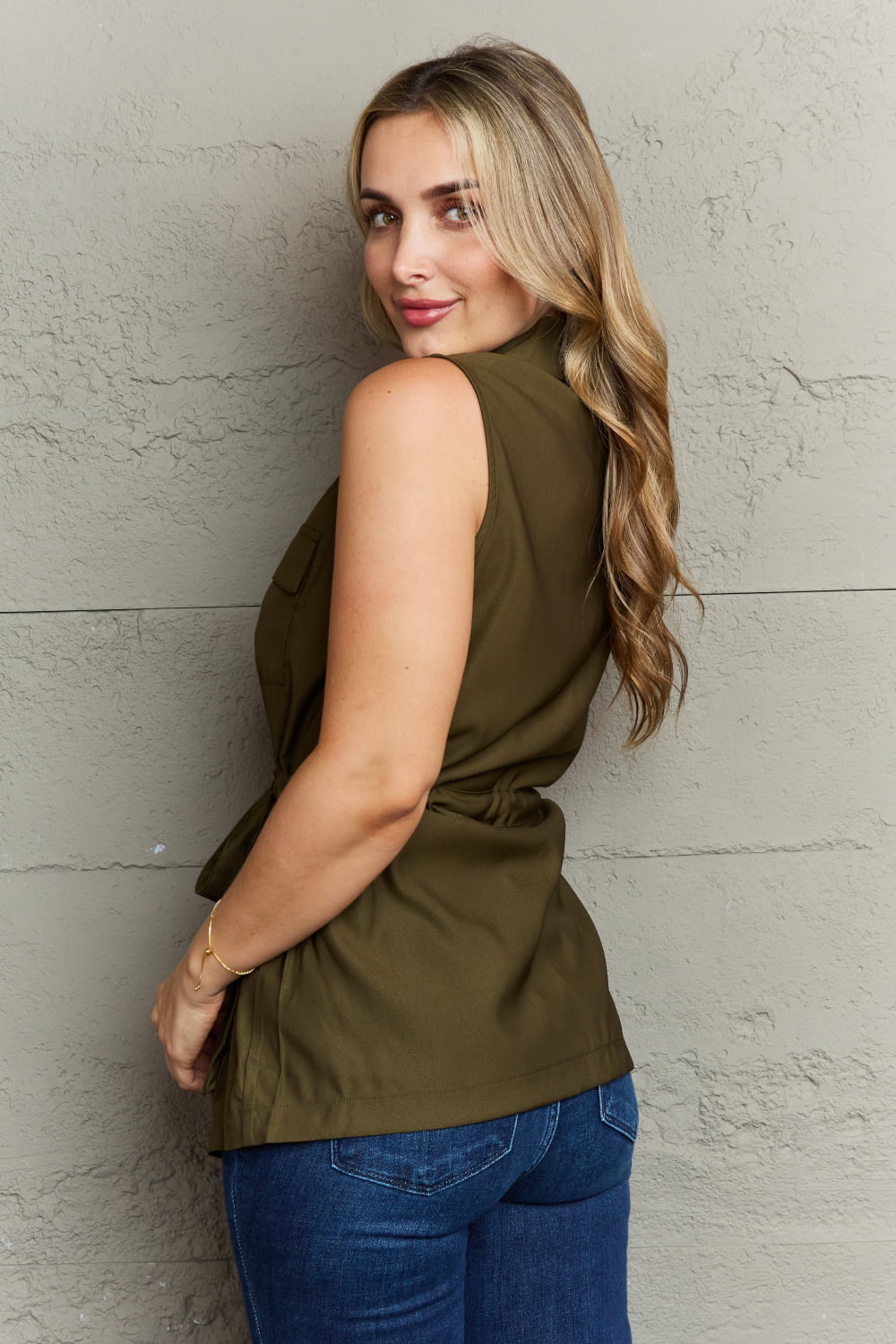 Ninexis Follow The Light Sleeveless Collared Button Down Top - TOPS - Green