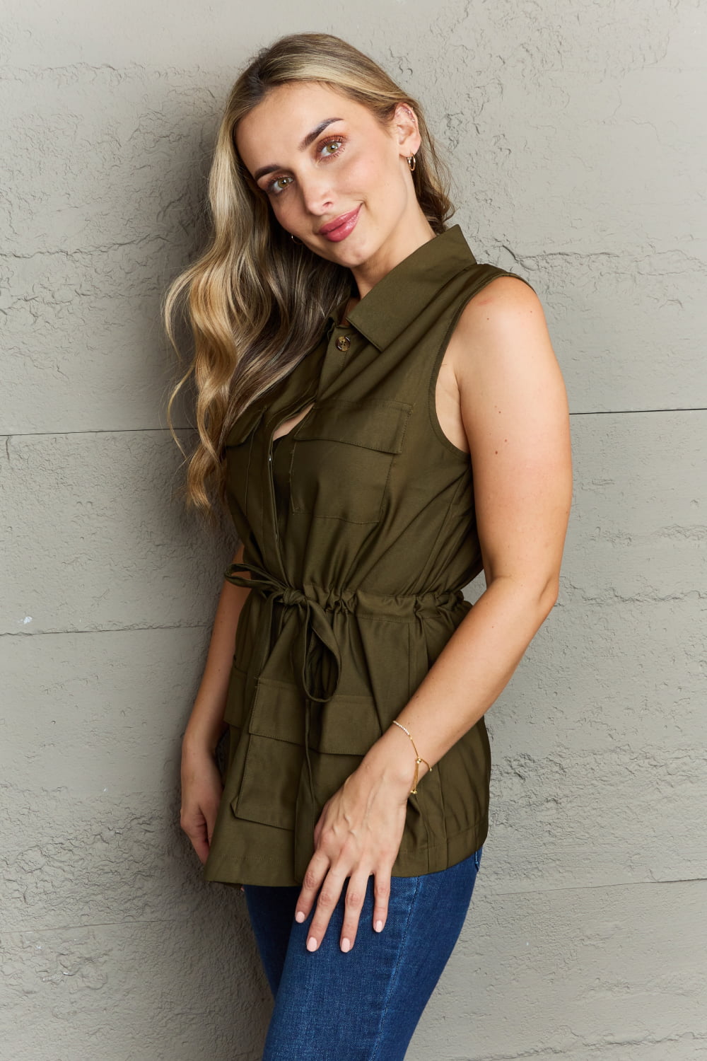 Ninexis Follow The Light Sleeveless Collared Button Down Top - TOPS - Green