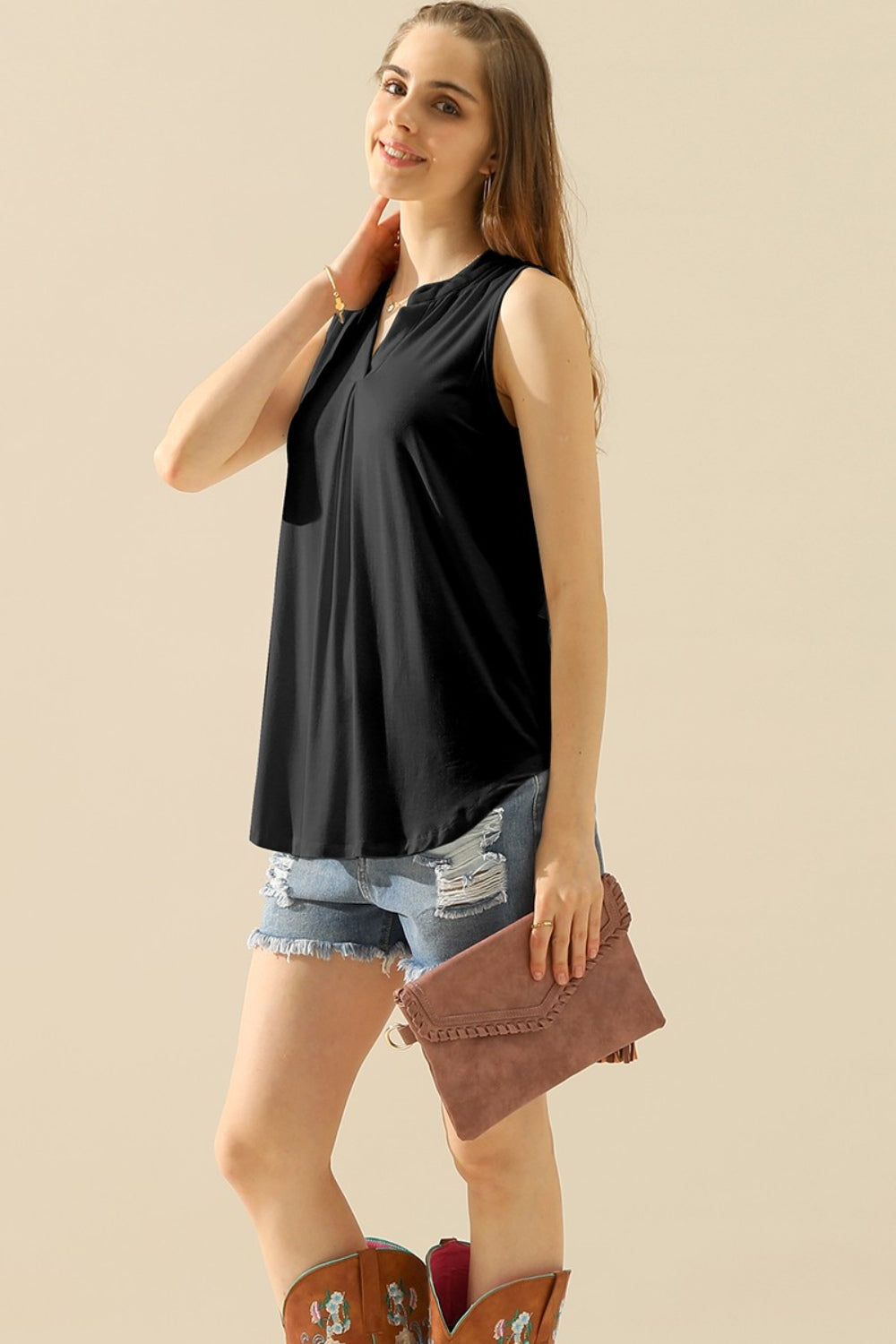 Ninexis Full Size Notched Sleeveless Top - BLACK / S - TOPS - Mixed