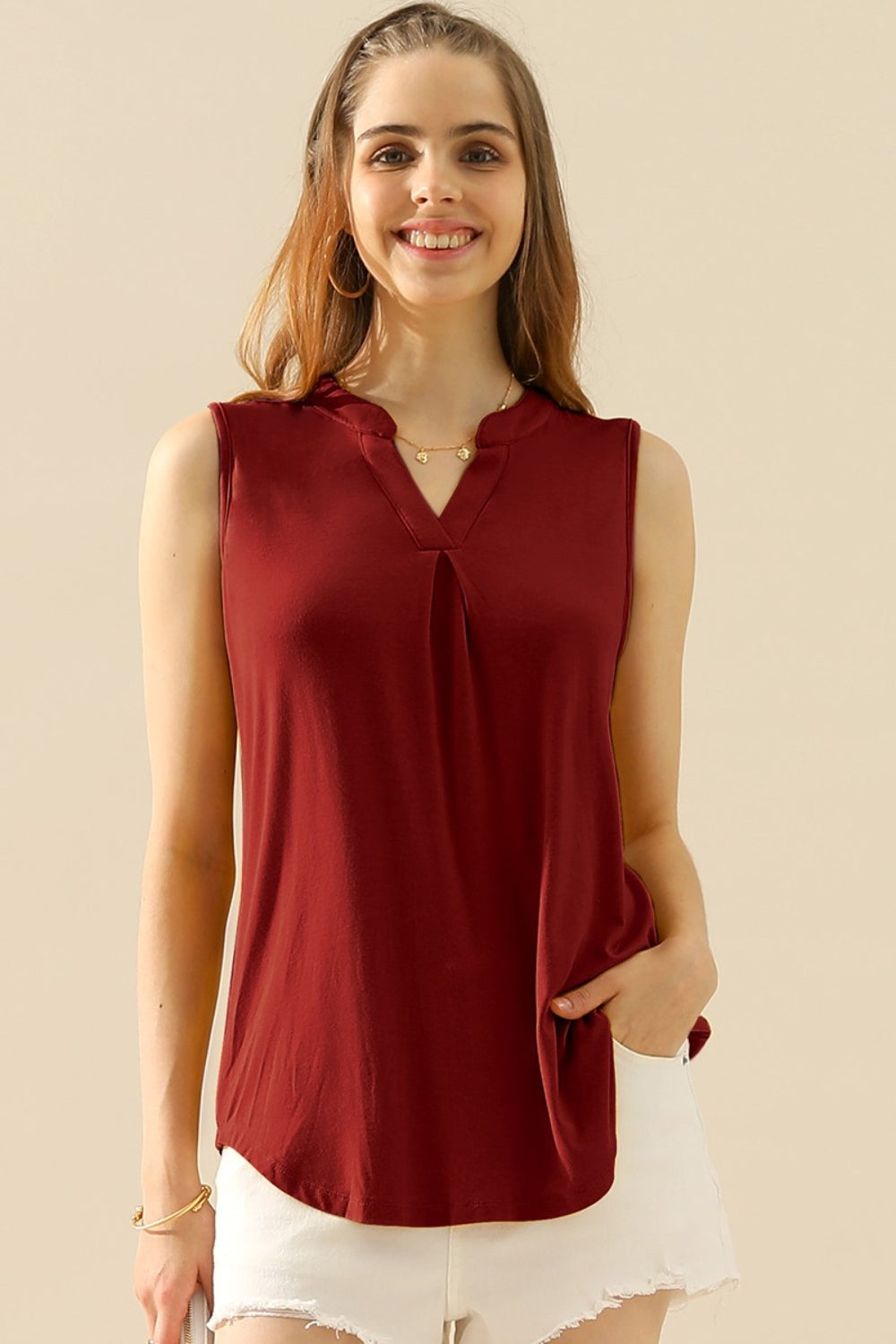 Ninexis Full Size Notched Sleeveless Top - BURGUNDY / S - TOPS - Mixed