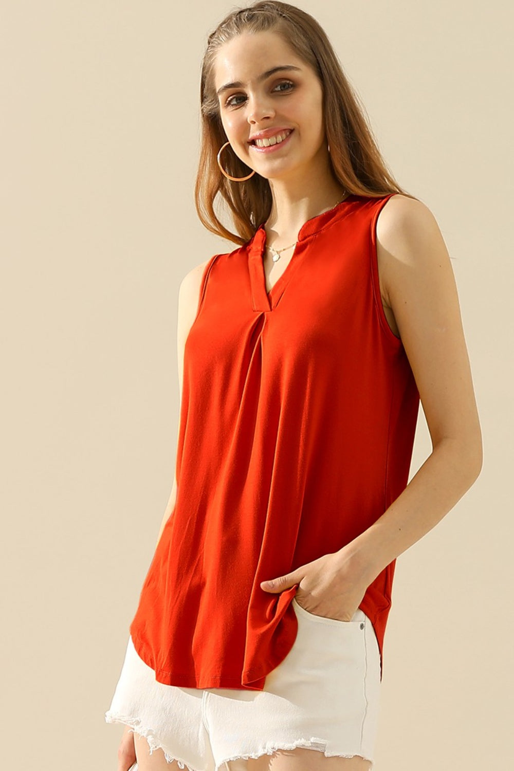 Ninexis Full Size Notched Sleeveless Top - RED / S - TOPS - Mixed