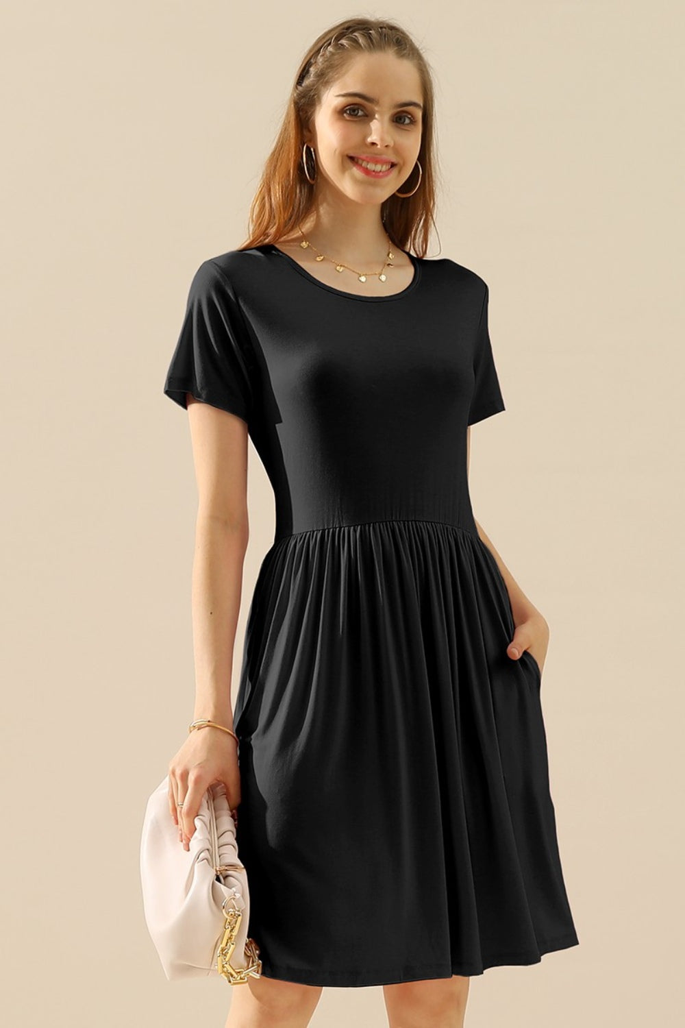 Ninexis Full Size Round Neck Ruched Dress with Pockets - BLACK / S - DRESSES - Mixed