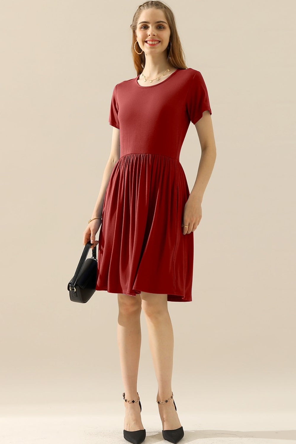 Ninexis Full Size Round Neck Ruched Dress with Pockets - BURGUNDY / S - DRESSES - Mixed