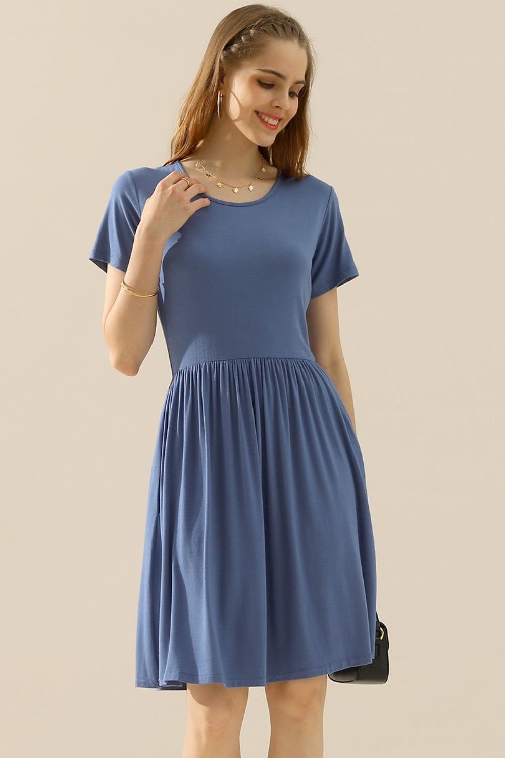 Ninexis Full Size Round Neck Ruched Dress with Pockets - DENIMBLUE / S - DRESSES - Mixed