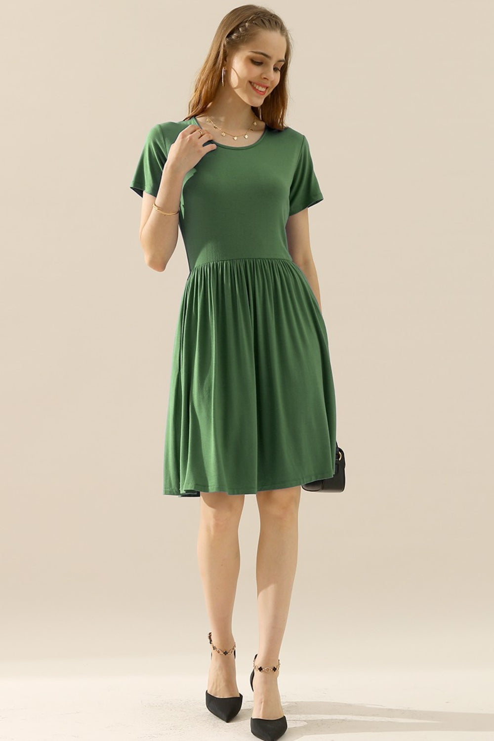 Ninexis Full Size Round Neck Ruched Dress with Pockets - DRESSES - Mixed