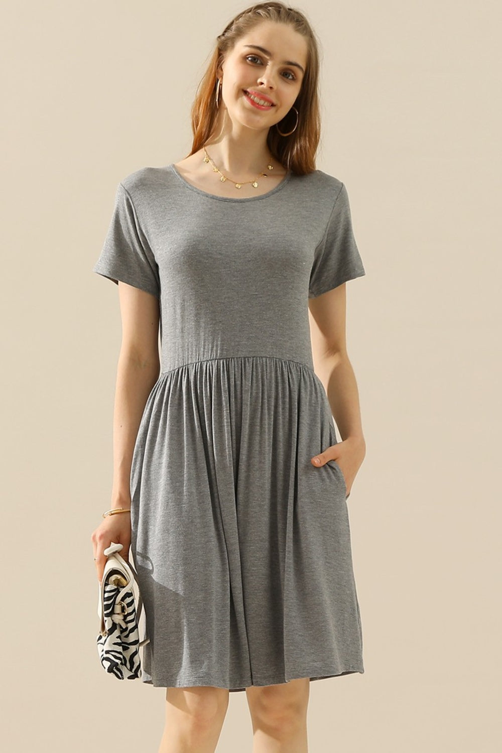 Ninexis Full Size Round Neck Ruched Dress with Pockets - H GREY / S - DRESSES - Mixed