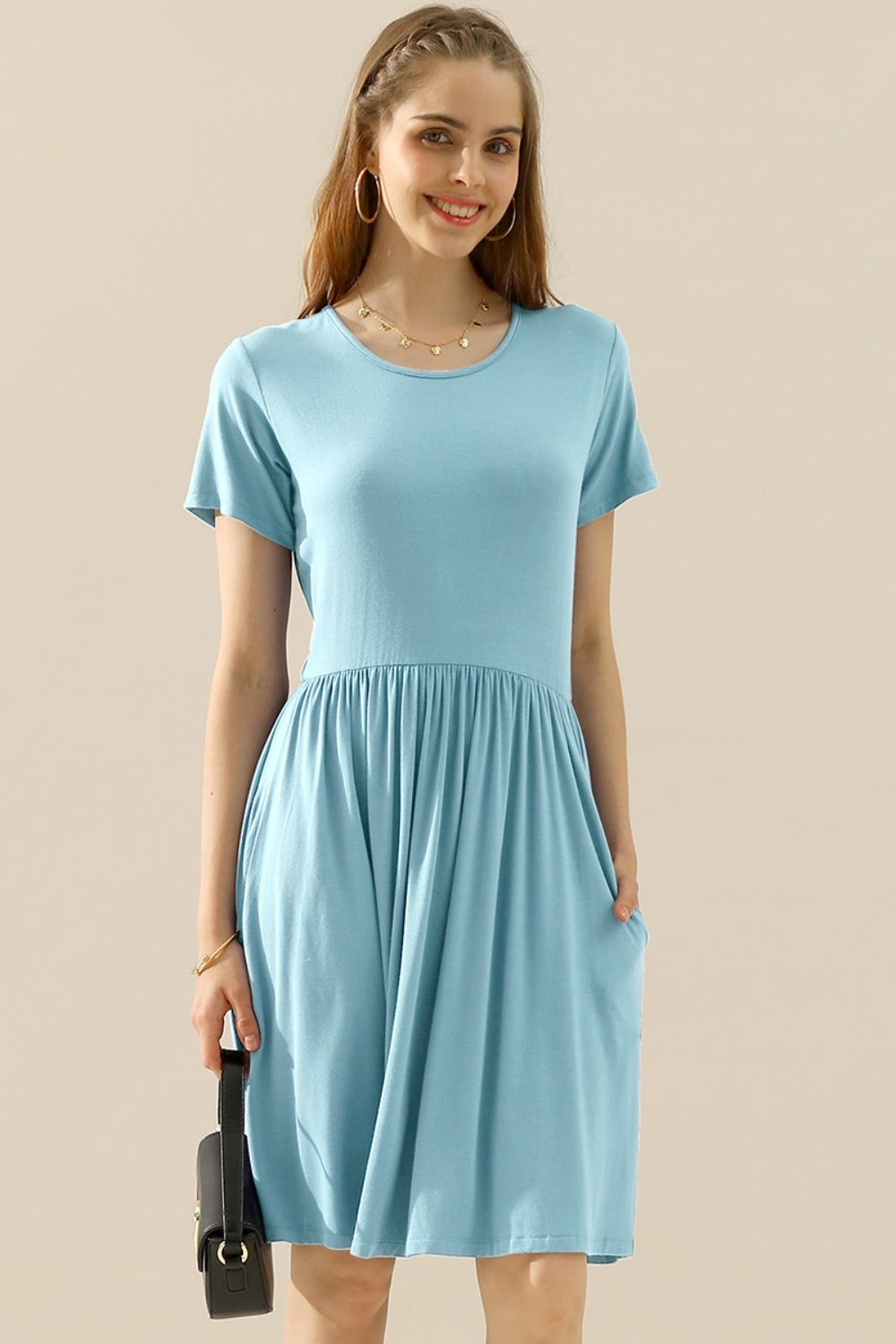 Ninexis Full Size Round Neck Ruched Dress with Pockets - LT BLUE / S - DRESSES - Mixed