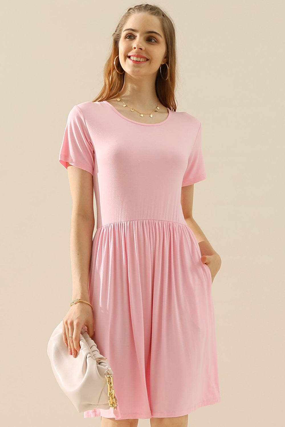 Ninexis Full Size Round Neck Ruched Dress with Pockets - LT PINK / S - DRESSES - Mixed