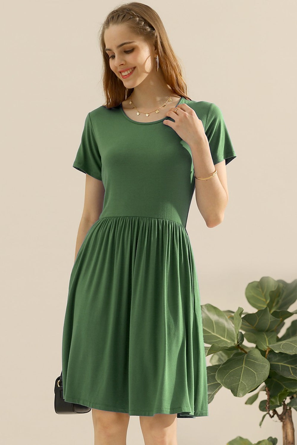 Ninexis Full Size Round Neck Ruched Dress with Pockets - OLIVE / S - DRESSES - Mixed