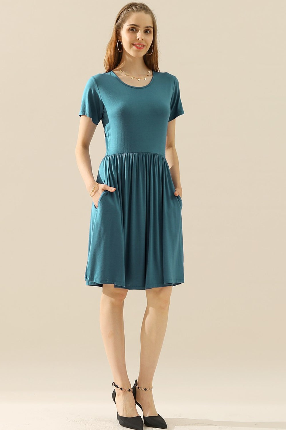 Ninexis Full Size Round Neck Ruched Dress with Pockets - TEAL / S - DRESSES - Mixed