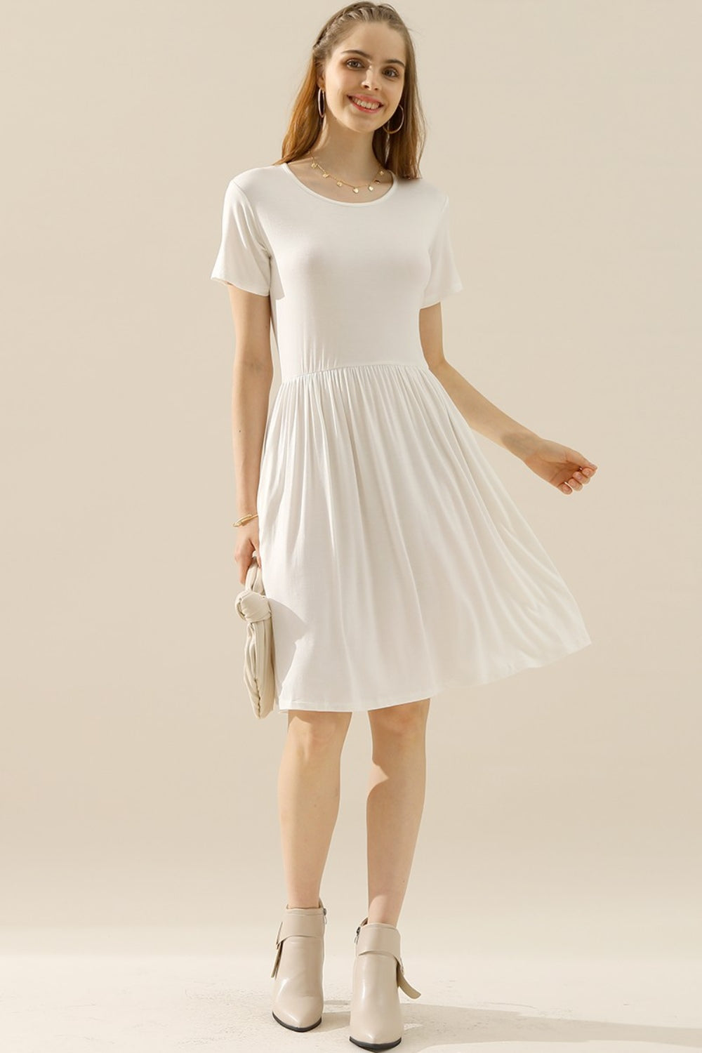 Ninexis Full Size Round Neck Ruched Dress with Pockets - WHITE / S - DRESSES - Mixed