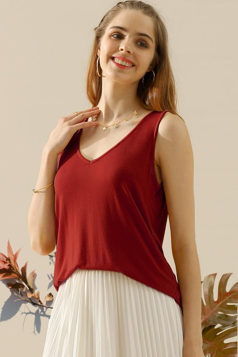 Ninexis Full Size V-Neck Curved Hem Tank - BURGUNDY / S - TOPS - Mixed