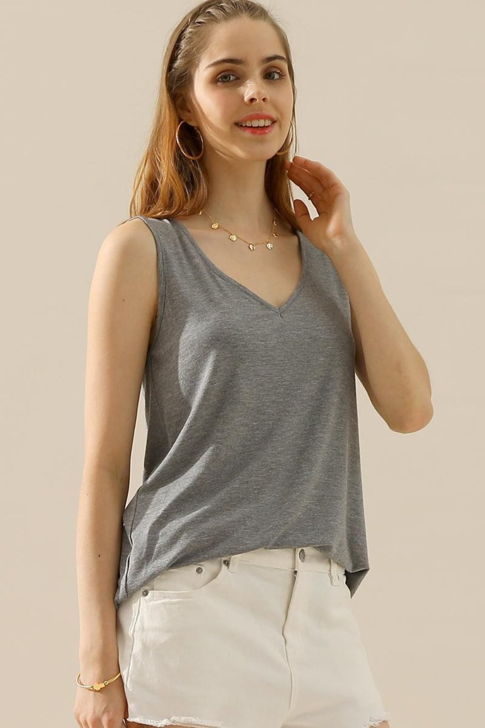 Ninexis Full Size V-Neck Curved Hem Tank - H GREY / S - TOPS - Mixed