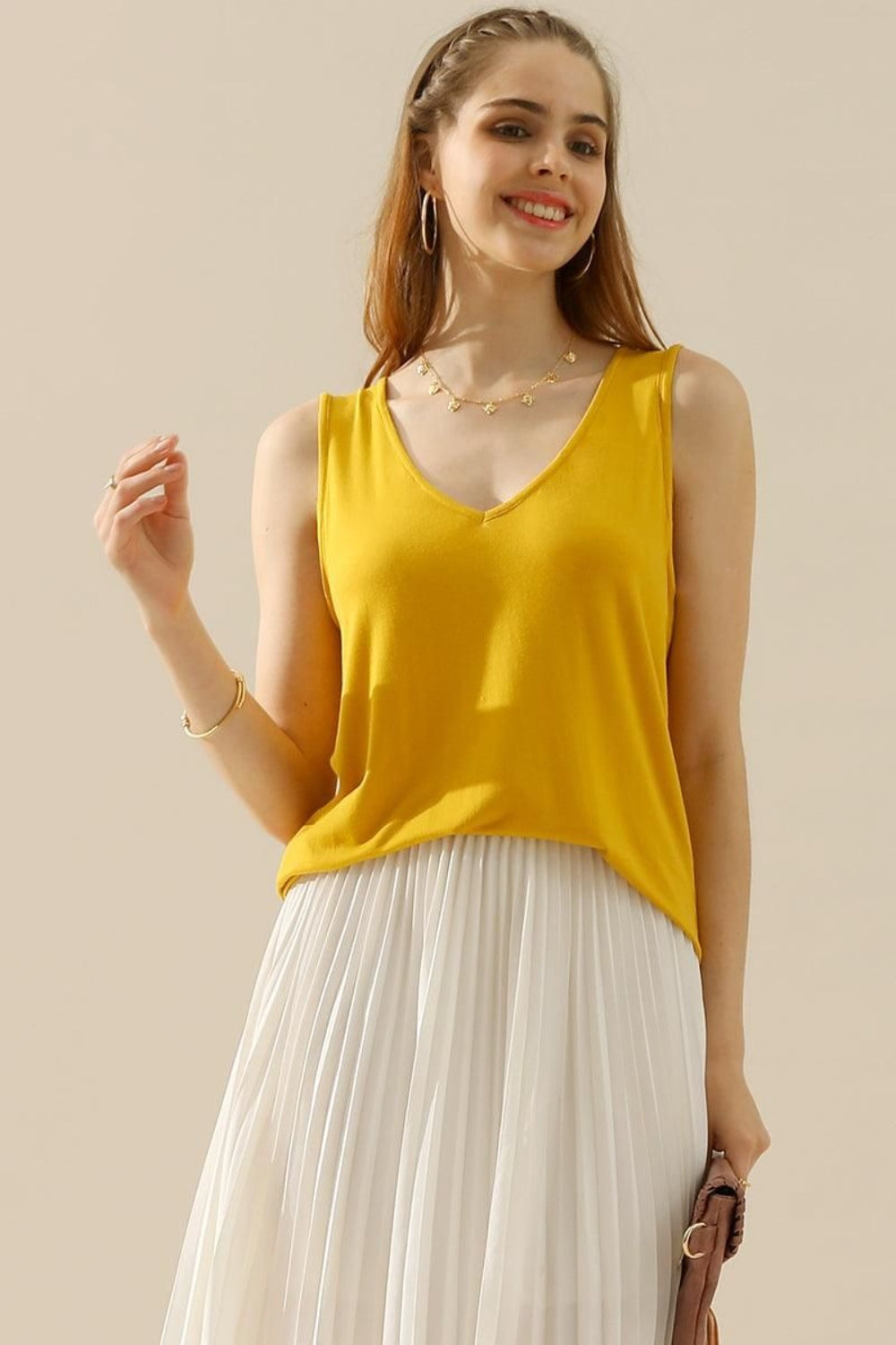 Ninexis Full Size V-Neck Curved Hem Tank - MUSTARD / S - TOPS - Mixed