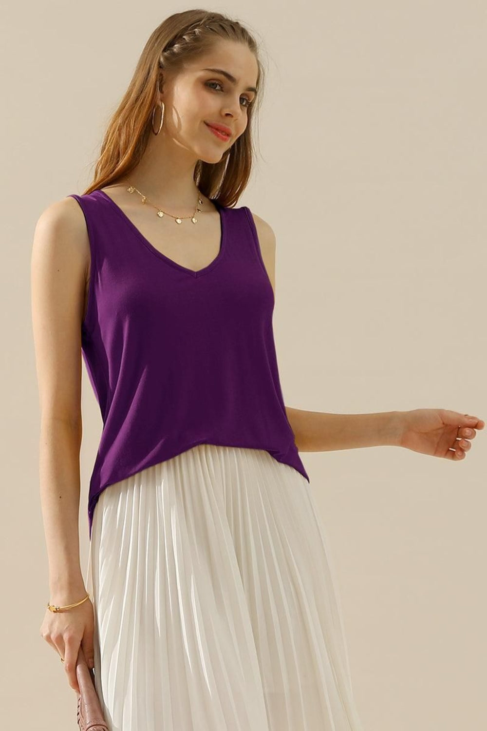 Ninexis Full Size V-Neck Curved Hem Tank - PLUM / S - TOPS - Mixed