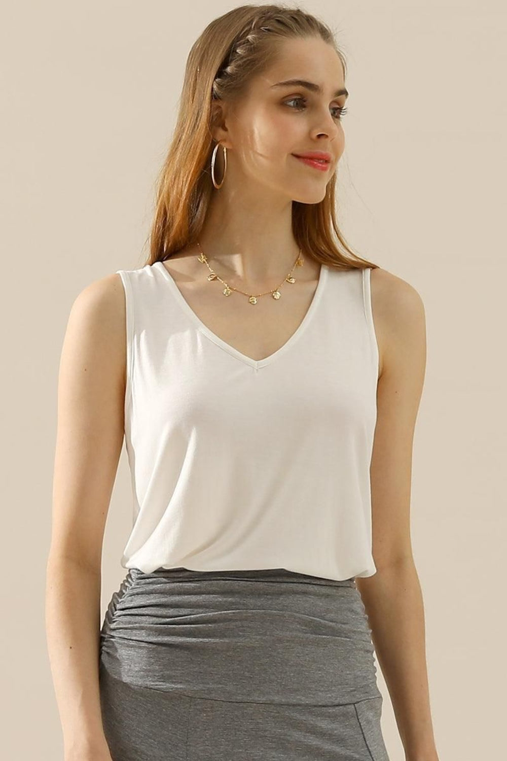 Ninexis Full Size V-Neck Curved Hem Tank - WHITE / S - TOPS - Mixed