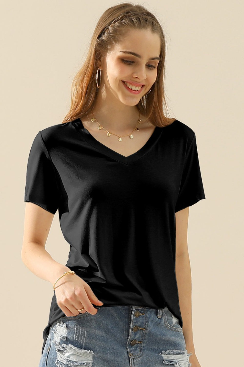 Ninexis Full Size V-Neck Short Sleeve T-Shirt - BLACK / S - TOPS - Mixed