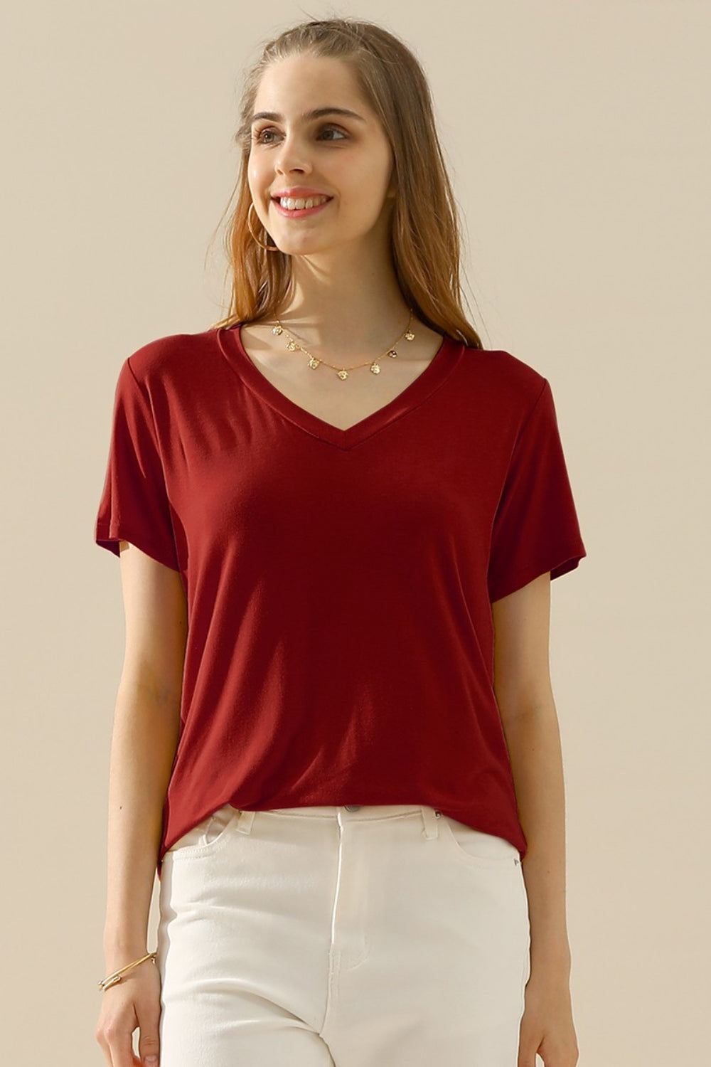 Ninexis Full Size V-Neck Short Sleeve T-Shirt - BURGUNDY / S - TOPS - Mixed