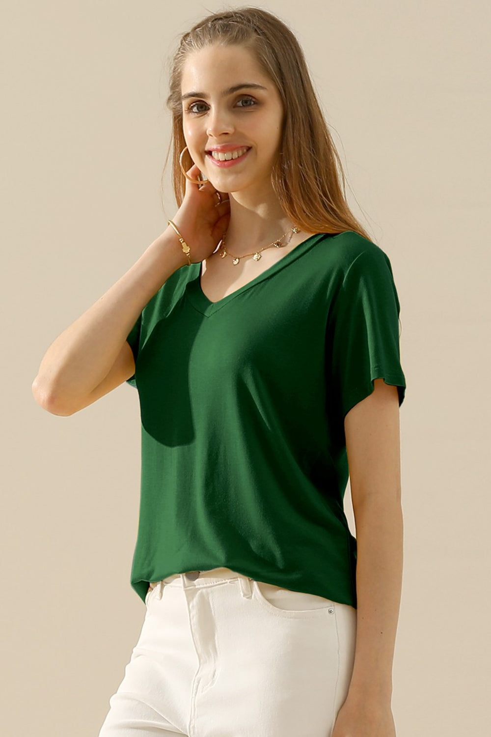 Ninexis Full Size V-Neck Short Sleeve T-Shirt - DEEP GREEN / S - TOPS - Mixed