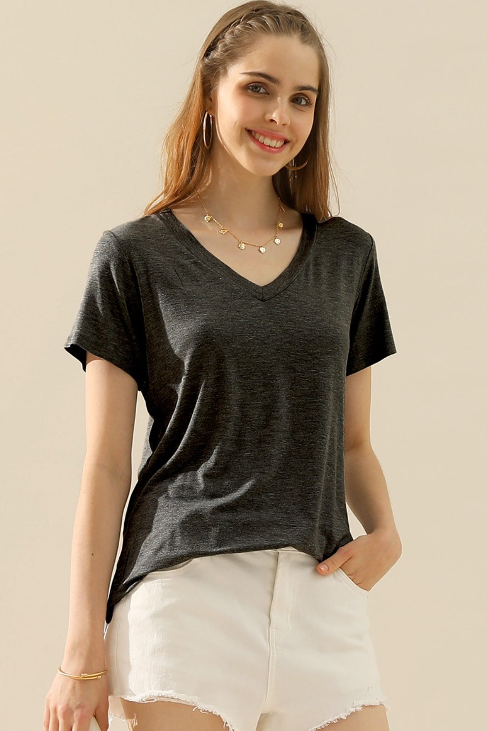 Ninexis Full Size V-Neck Short Sleeve T-Shirt - H CHARCOAL / S - TOPS - Mixed