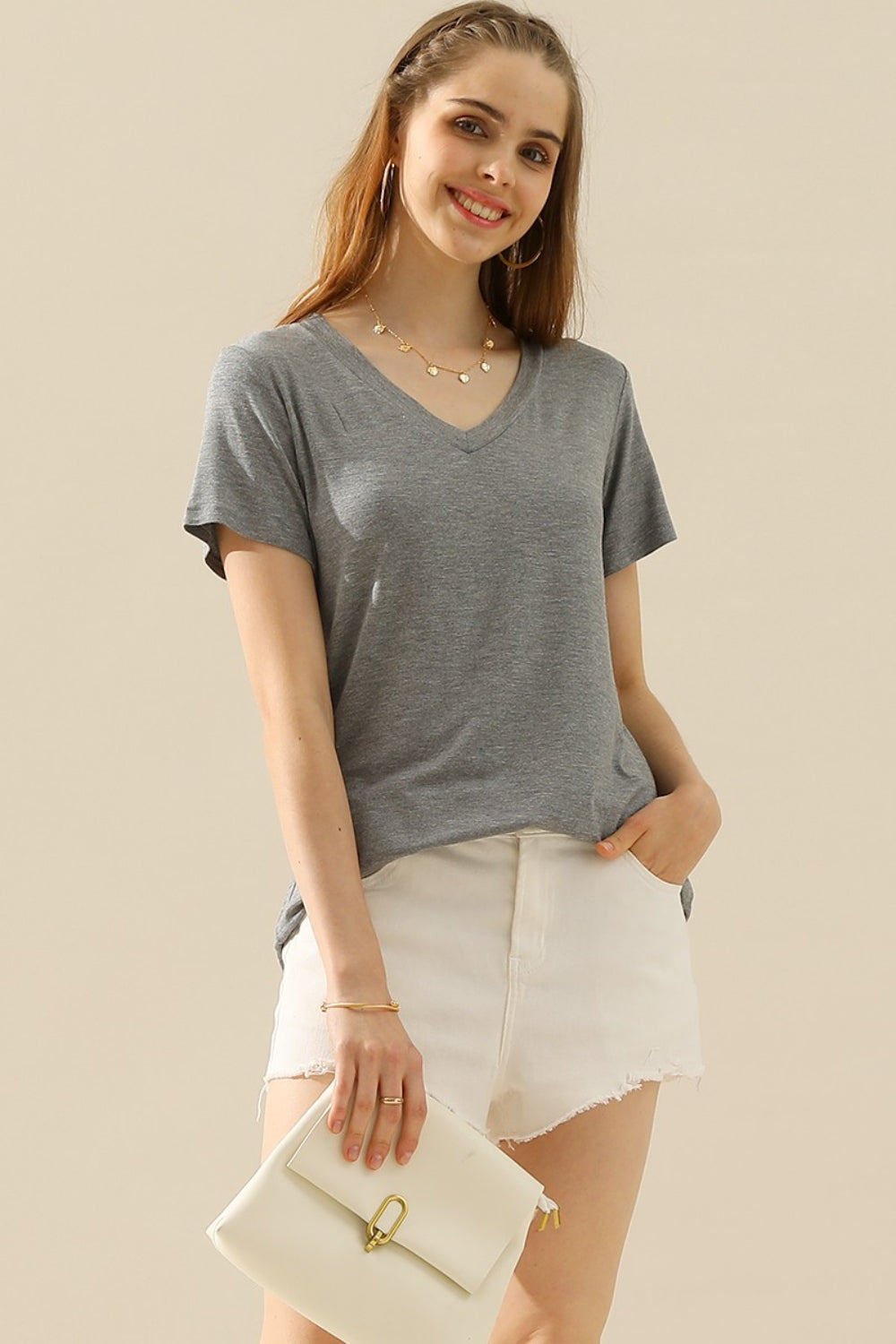 Ninexis Full Size V-Neck Short Sleeve T-Shirt - H GREY / S - TOPS - Mixed