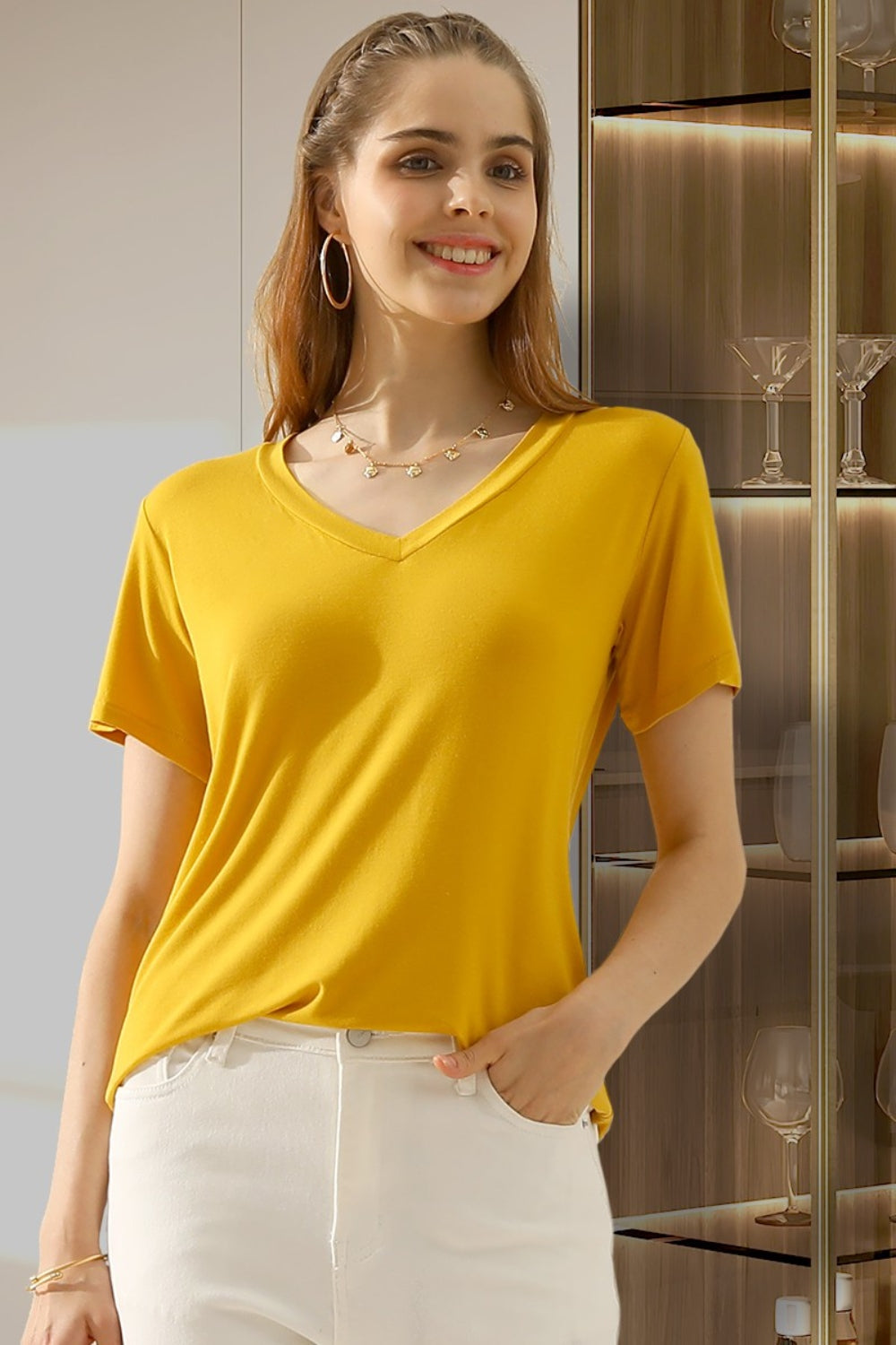 Ninexis Full Size V-Neck Short Sleeve T-Shirt - MUSTARD / S - TOPS - Mixed