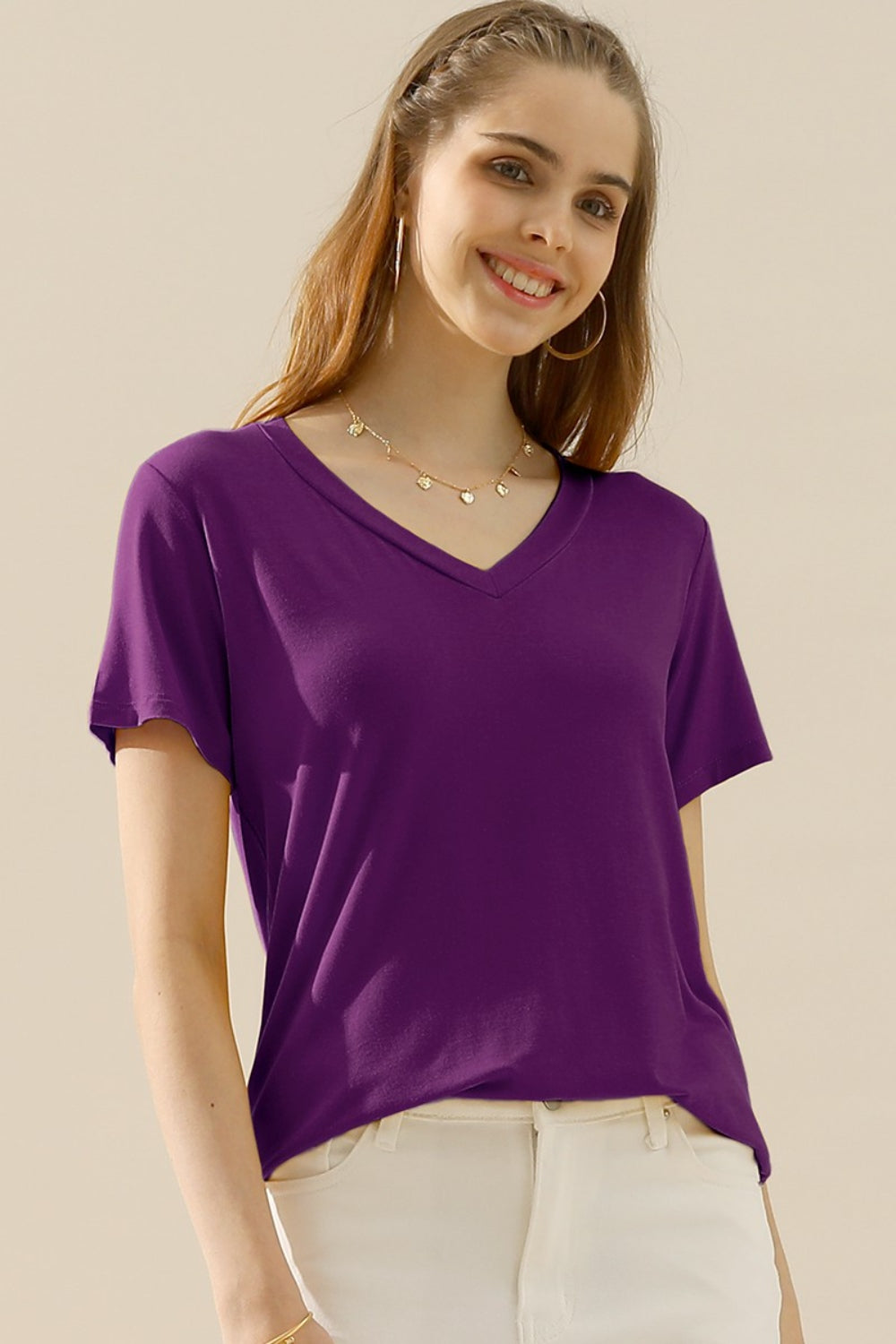 Ninexis Full Size V-Neck Short Sleeve T-Shirt - PLUM / S - TOPS - Mixed