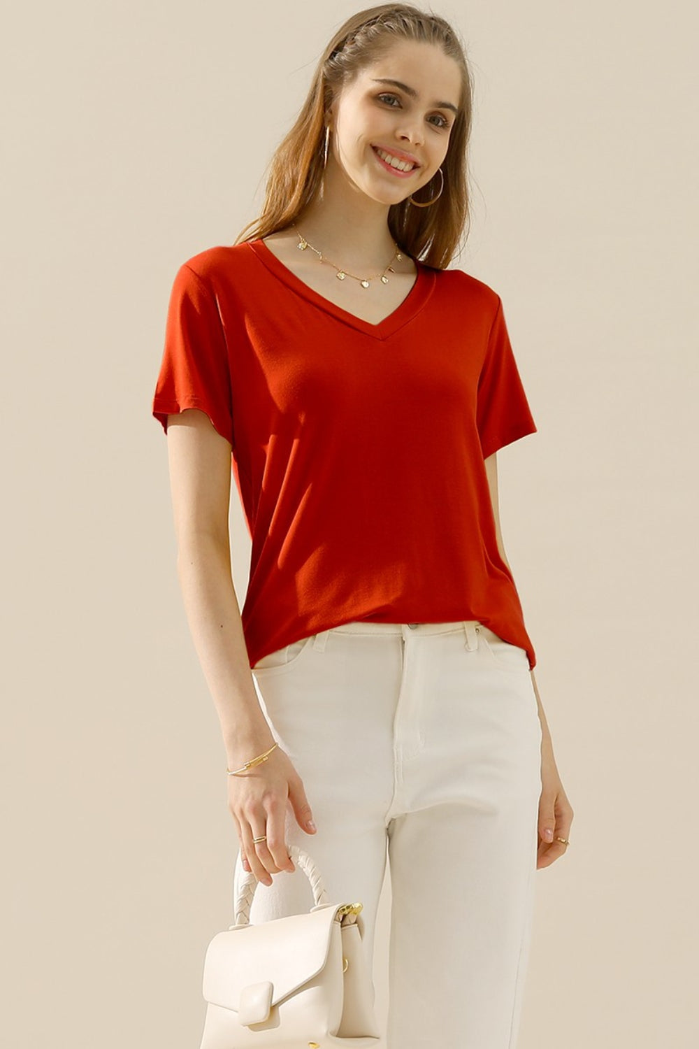 Ninexis Full Size V-Neck Short Sleeve T-Shirt - RED / S - TOPS - Mixed