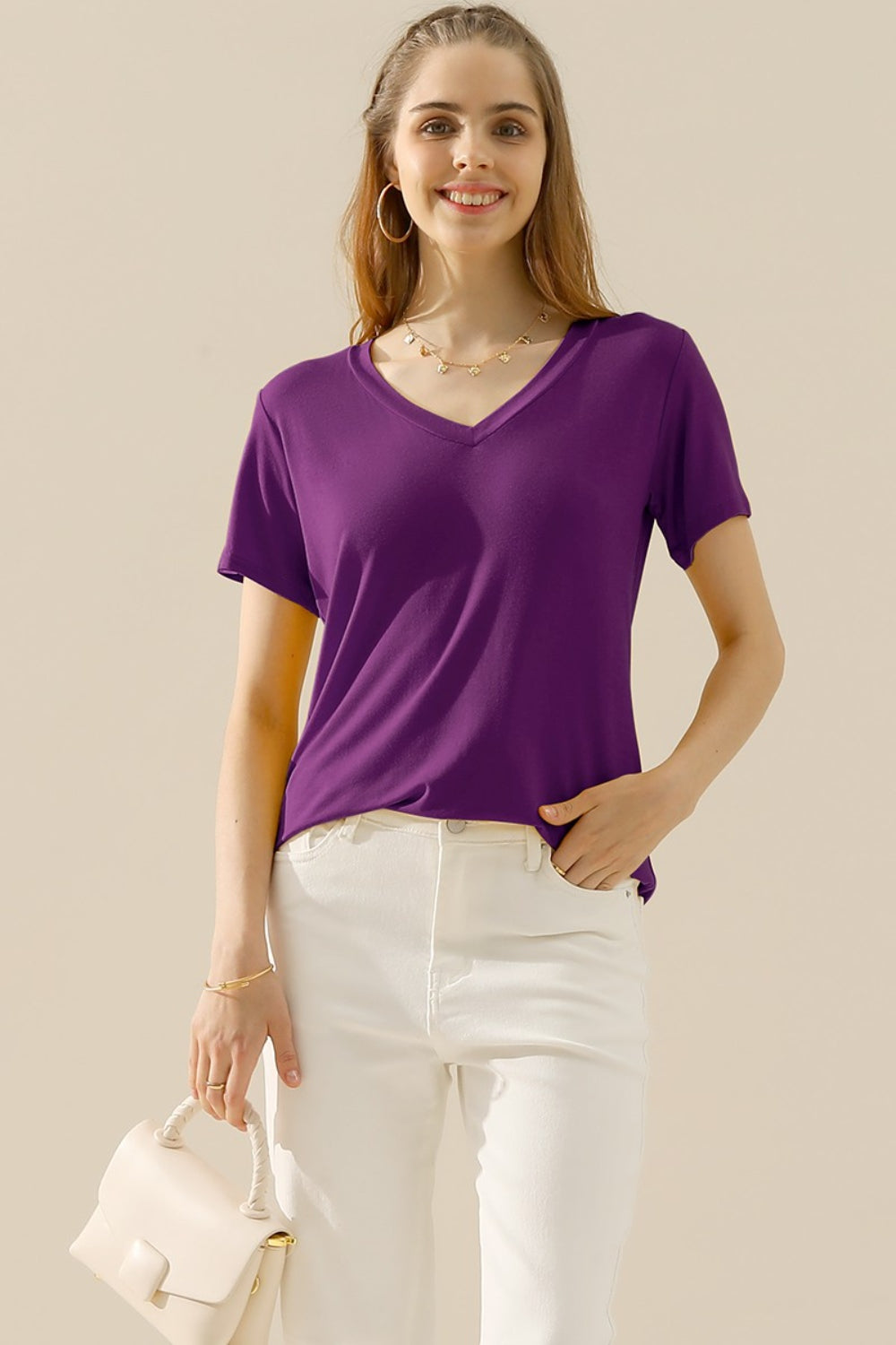 Ninexis Full Size V-Neck Short Sleeve T-Shirt - TOPS - Mixed