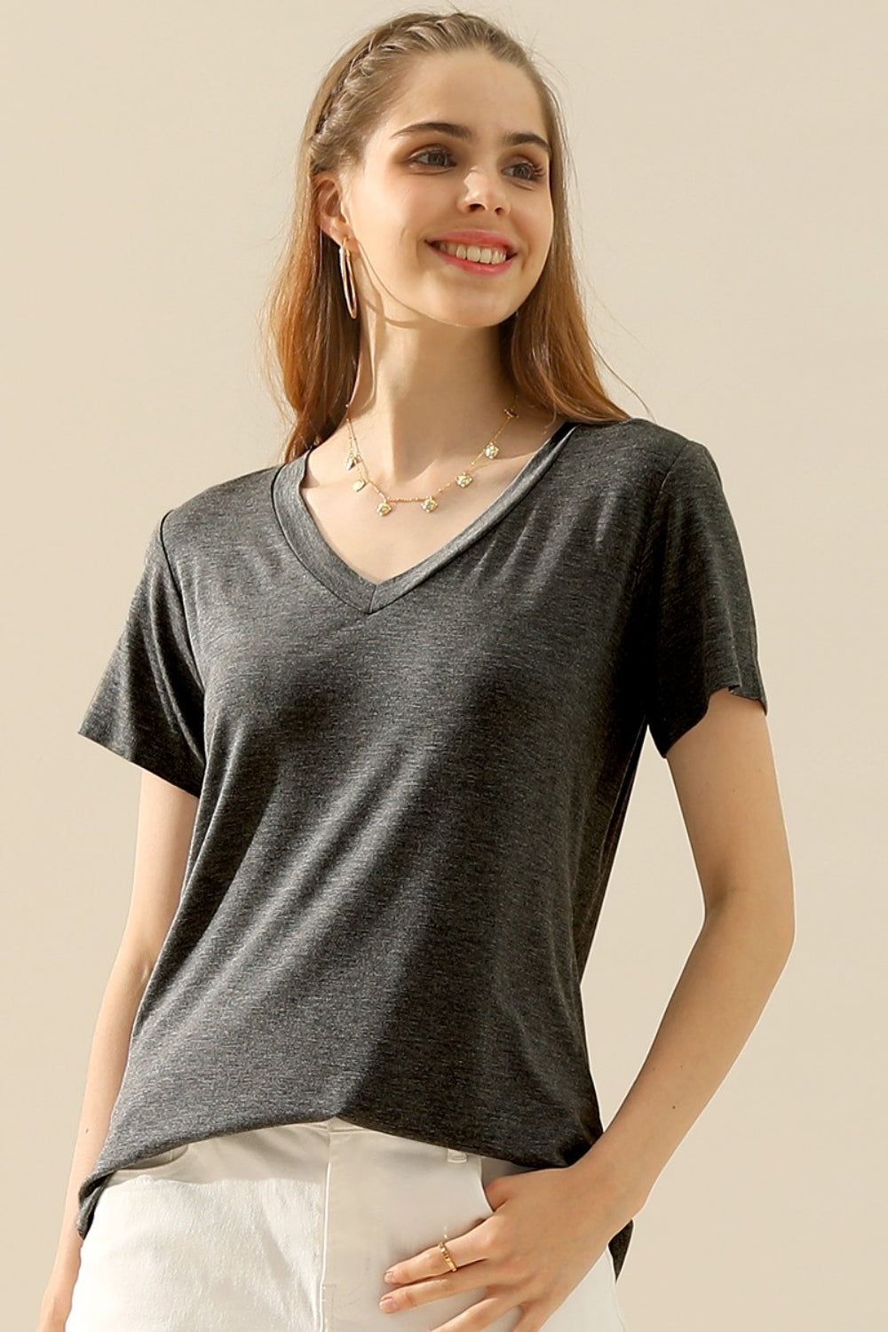 Ninexis Full Size V-Neck Short Sleeve T-Shirt - TOPS - Mixed