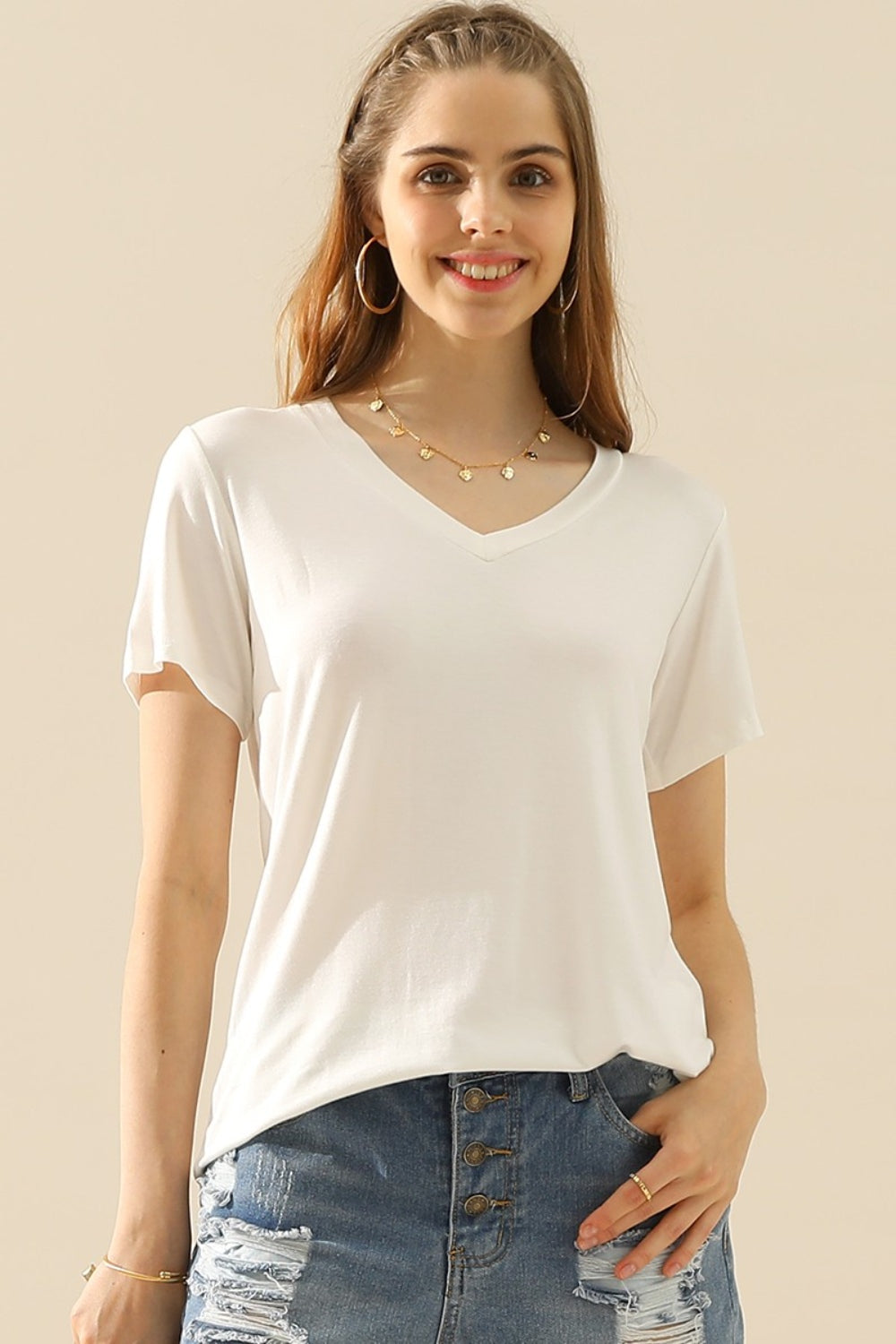 Ninexis Full Size V-Neck Short Sleeve T-Shirt - WHITE / S - TOPS - Mixed