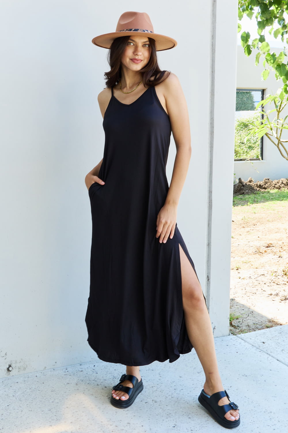 Ninexis Good Energy Full Size Cami Side Slit Maxi Dress in Black - PLUS DRESSES - Black