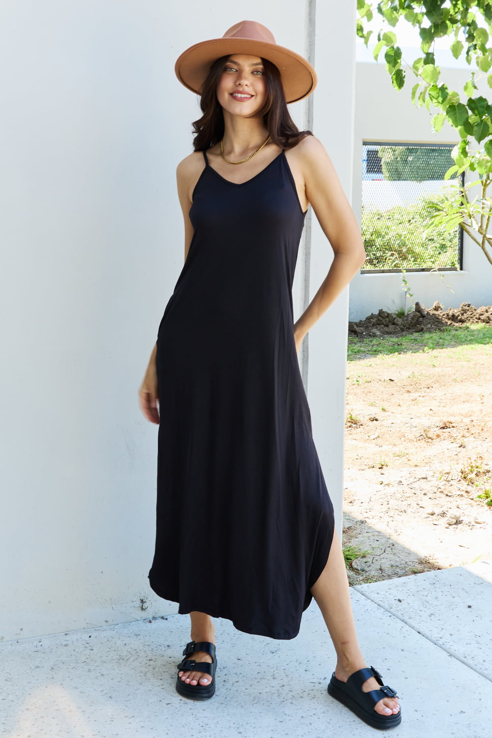 Ninexis Good Energy Full Size Cami Side Slit Maxi Dress in Black - PLUS DRESSES - Black