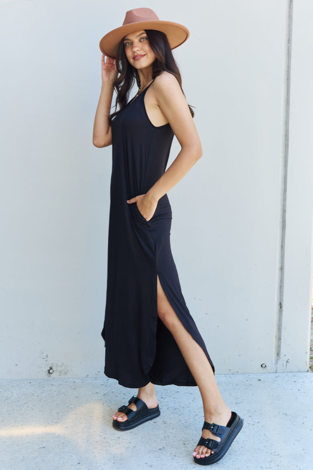 Ninexis Good Energy Full Size Cami Side Slit Maxi Dress in Black - PLUS DRESSES - Black