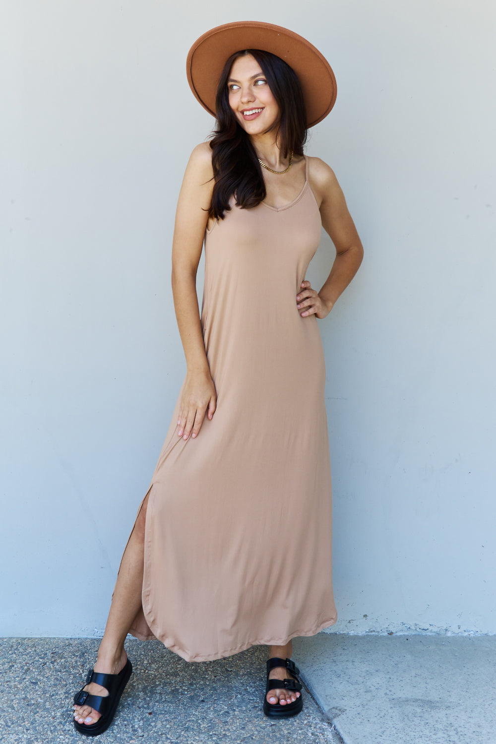 Ninexis Good Energy Full Size Cami Side Slit Maxi Dress in Camel - DRESSES - Brown