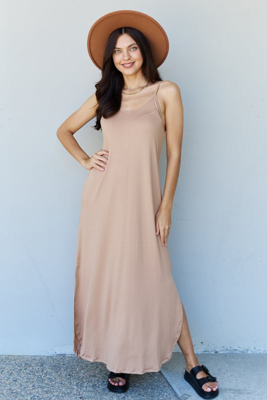 Ninexis Good Energy Full Size Cami Side Slit Maxi Dress in Camel - Camel / S - DRESSES - Brown