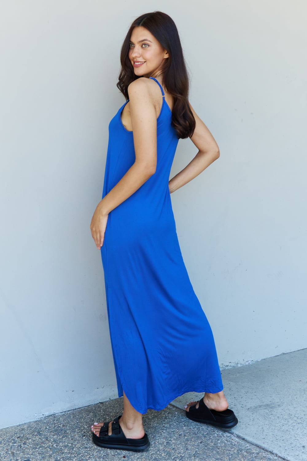 Ninexis Good Energy Full Size Cami Side Slit Maxi Dress in Royal Blue - PLUS DRESSES - Blue