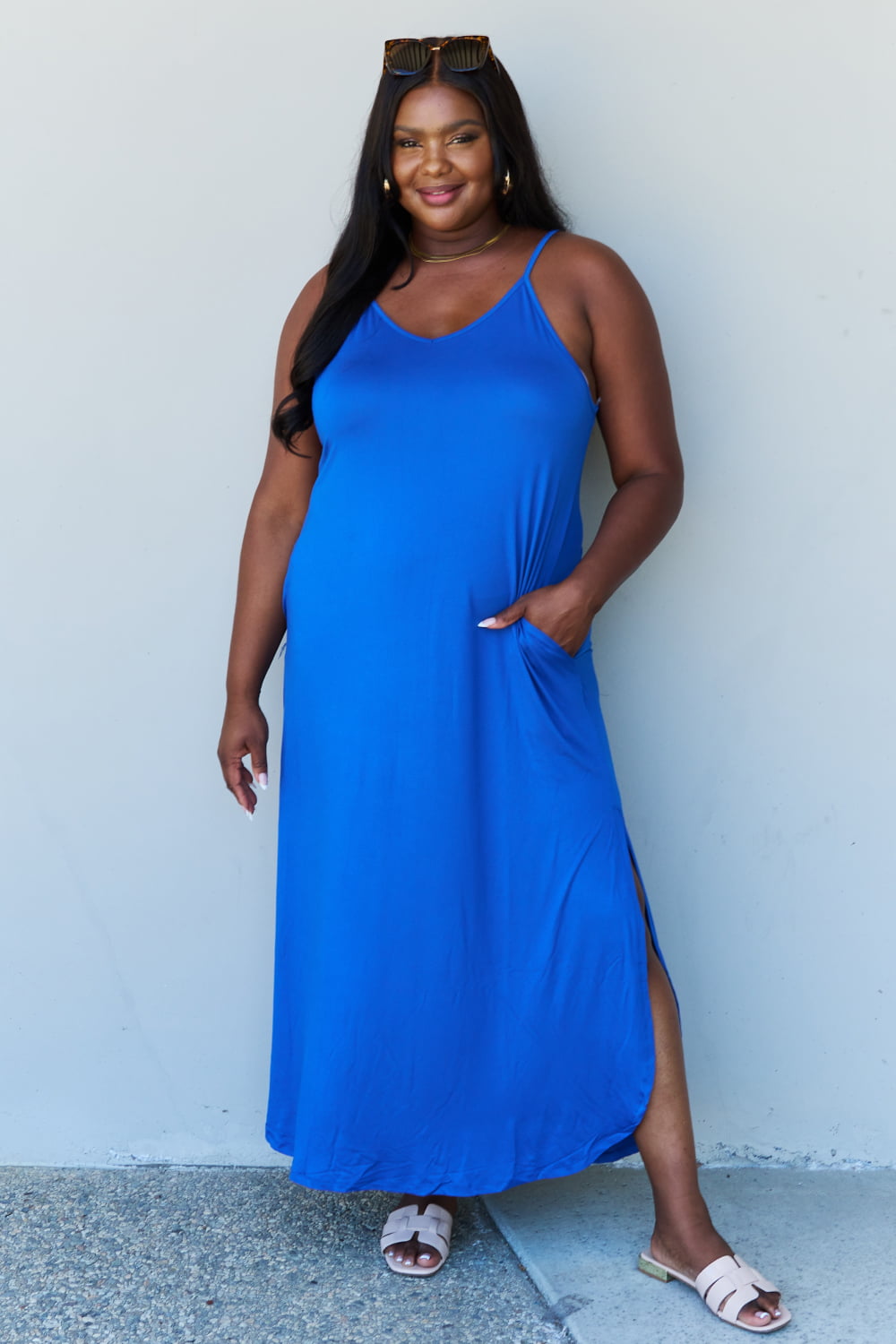 Ninexis Good Energy Full Size Cami Side Slit Maxi Dress in Royal Blue - Royal Blue / S - PLUS DRESSES - Blue