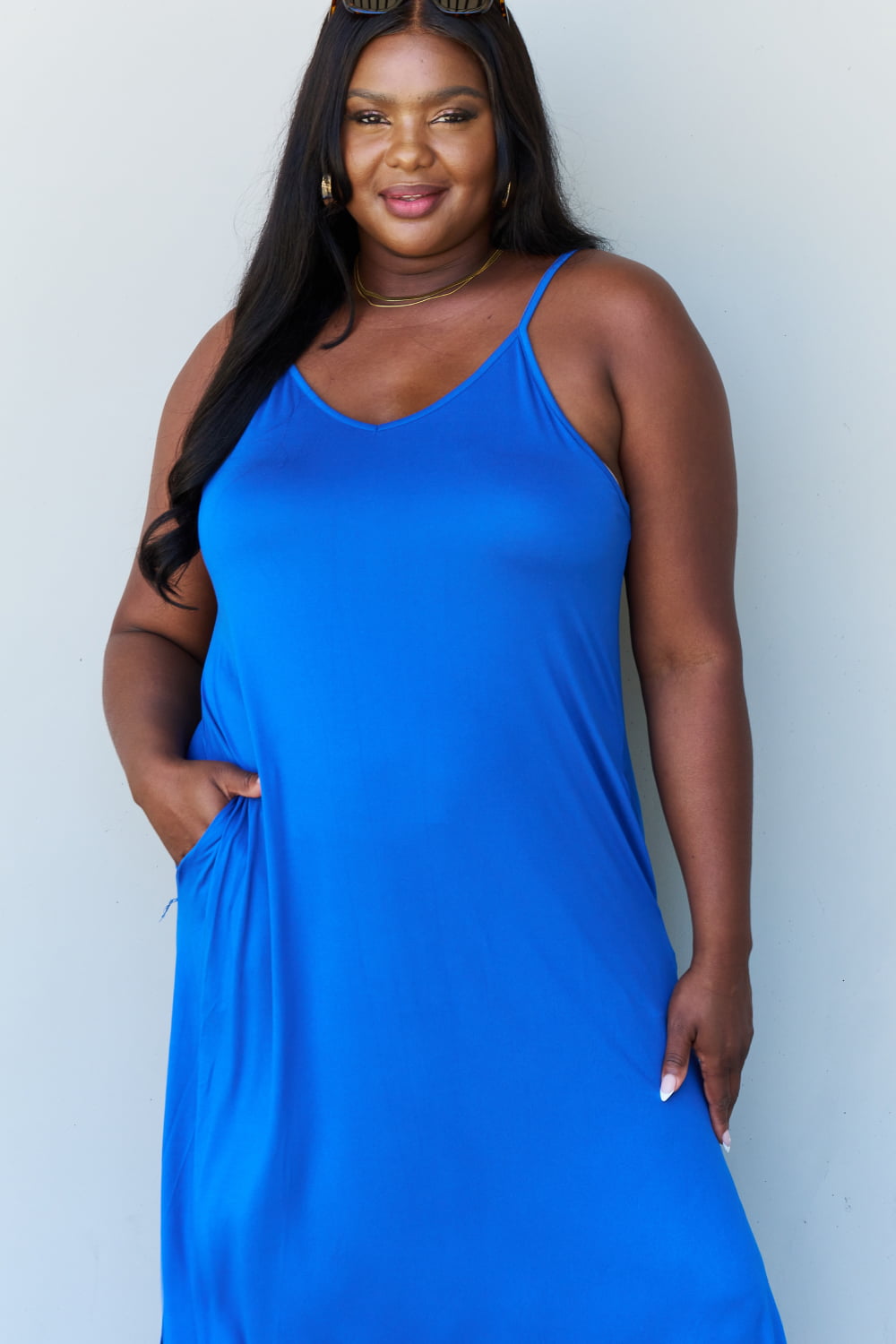 Ninexis Good Energy Full Size Cami Side Slit Maxi Dress in Royal Blue - PLUS DRESSES - Blue