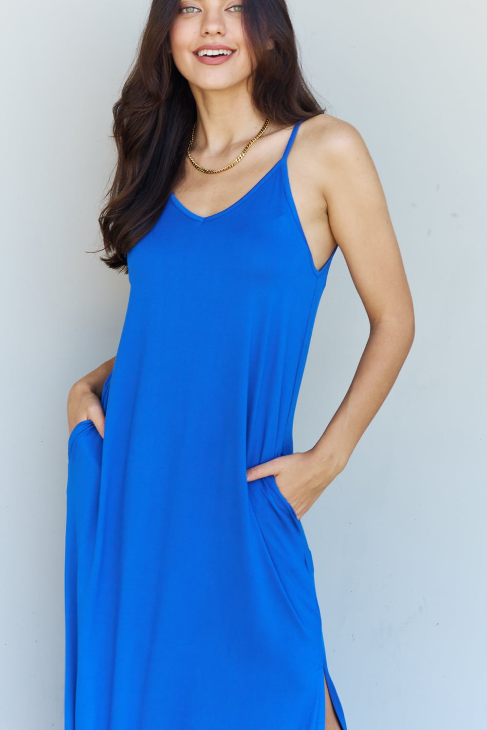 Ninexis Good Energy Full Size Cami Side Slit Maxi Dress in Royal Blue - PLUS DRESSES - Blue