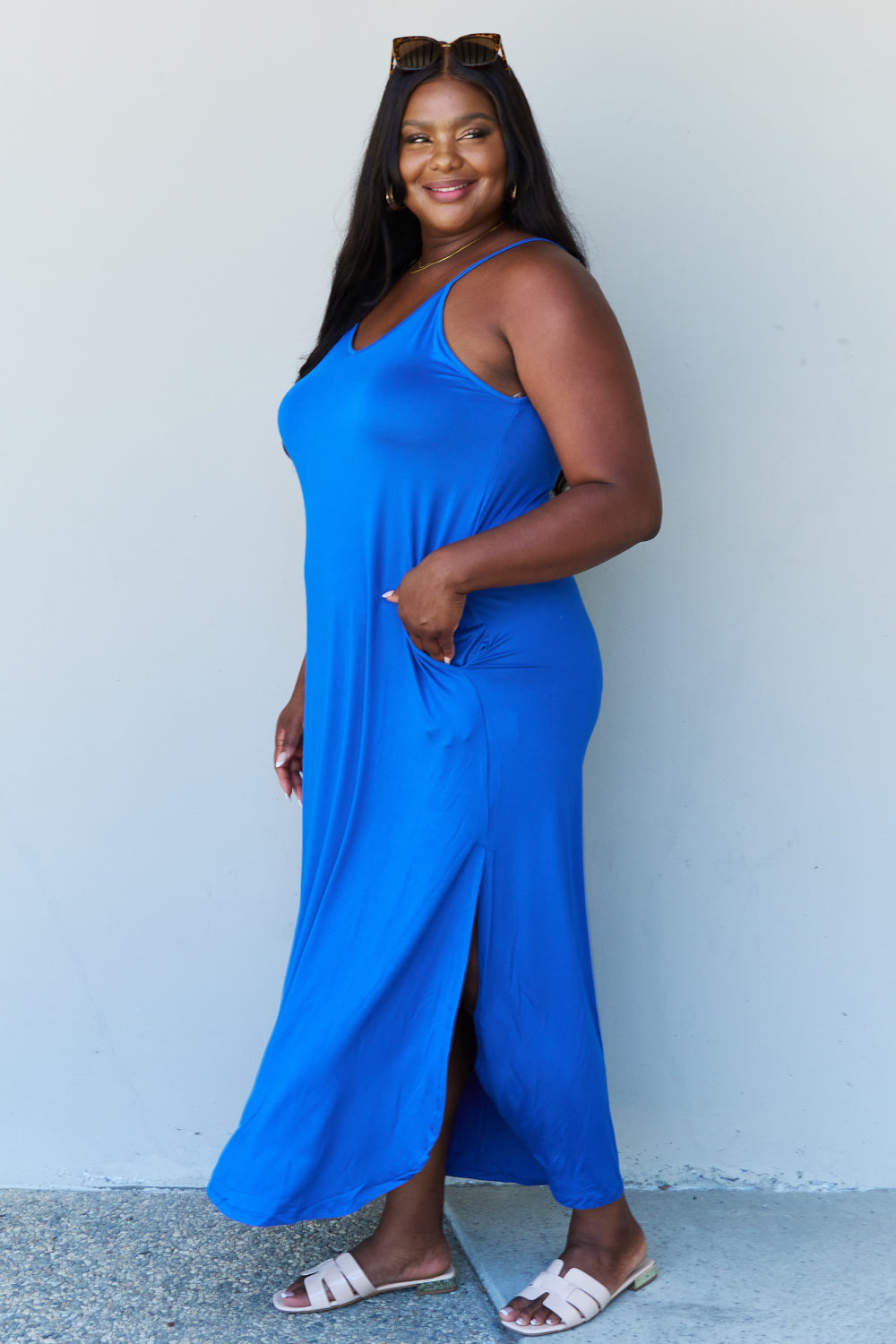 Ninexis Good Energy Full Size Cami Side Slit Maxi Dress in Royal Blue - PLUS DRESSES - Blue