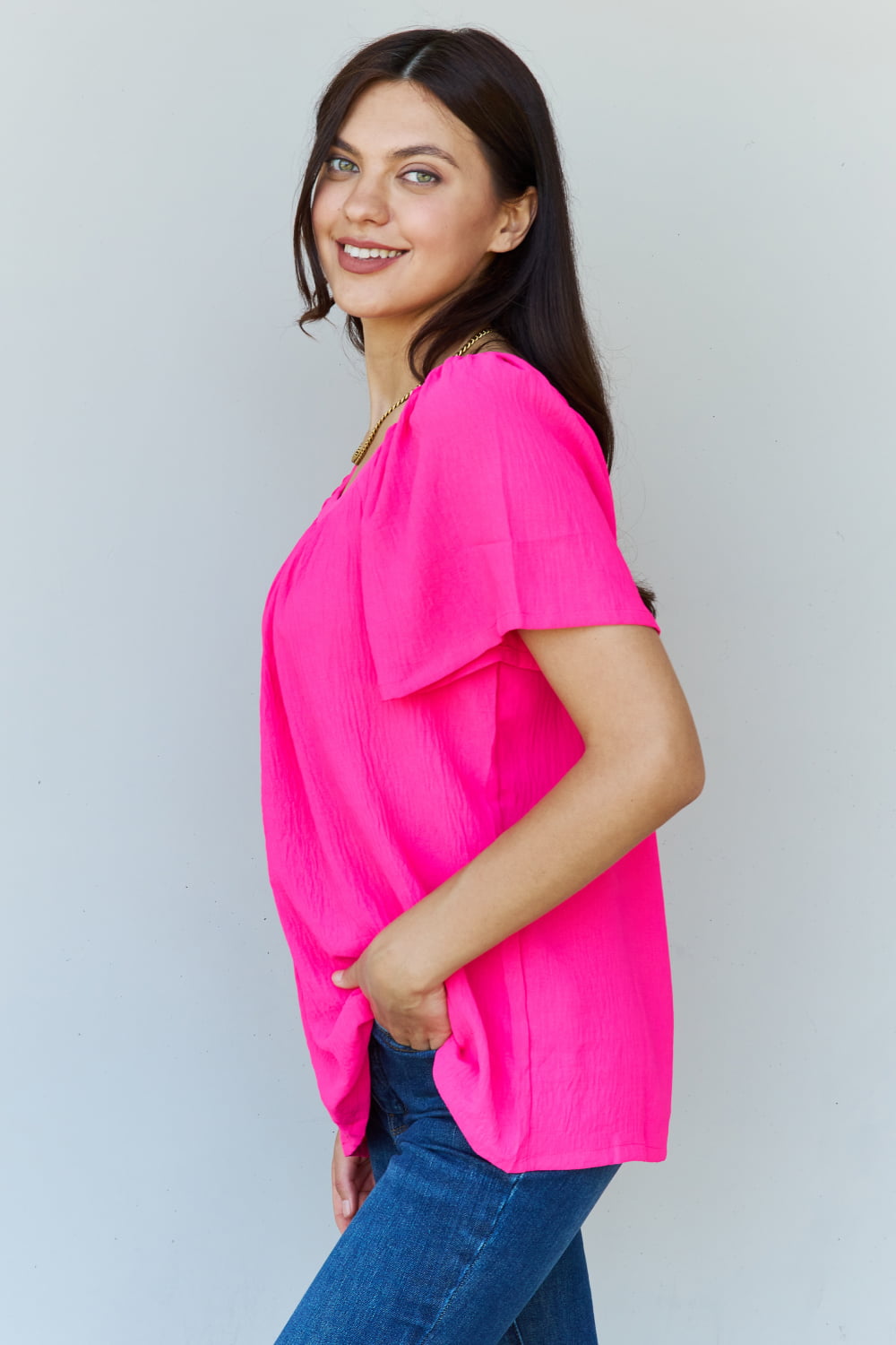 Ninexis Keep Me Close Square Neck Short Sleeve Blouse in Fuchsia - SHIRTS & BLOUSES - Fuchsia