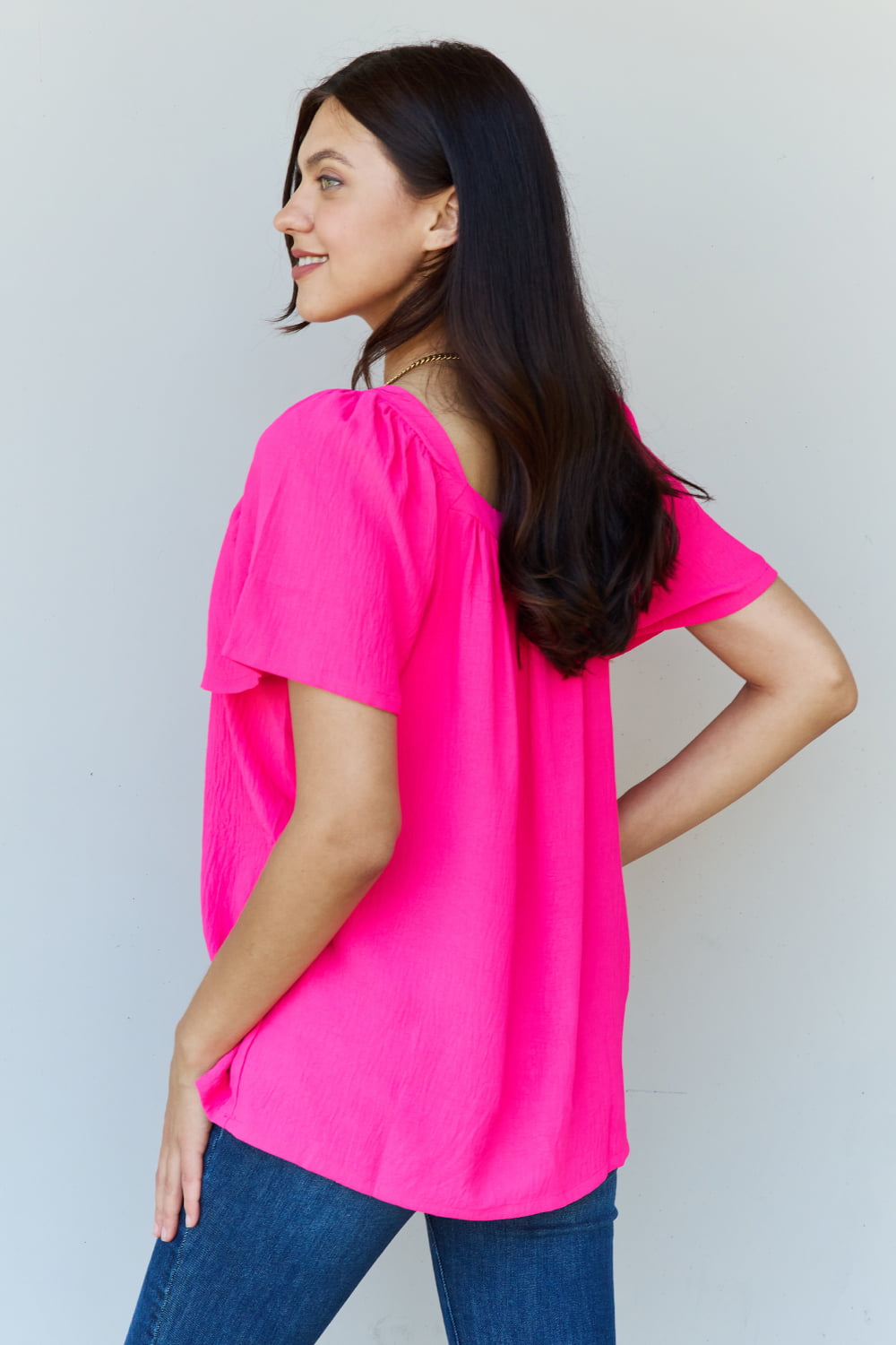 Ninexis Keep Me Close Square Neck Short Sleeve Blouse in Fuchsia - SHIRTS & BLOUSES - Fuchsia