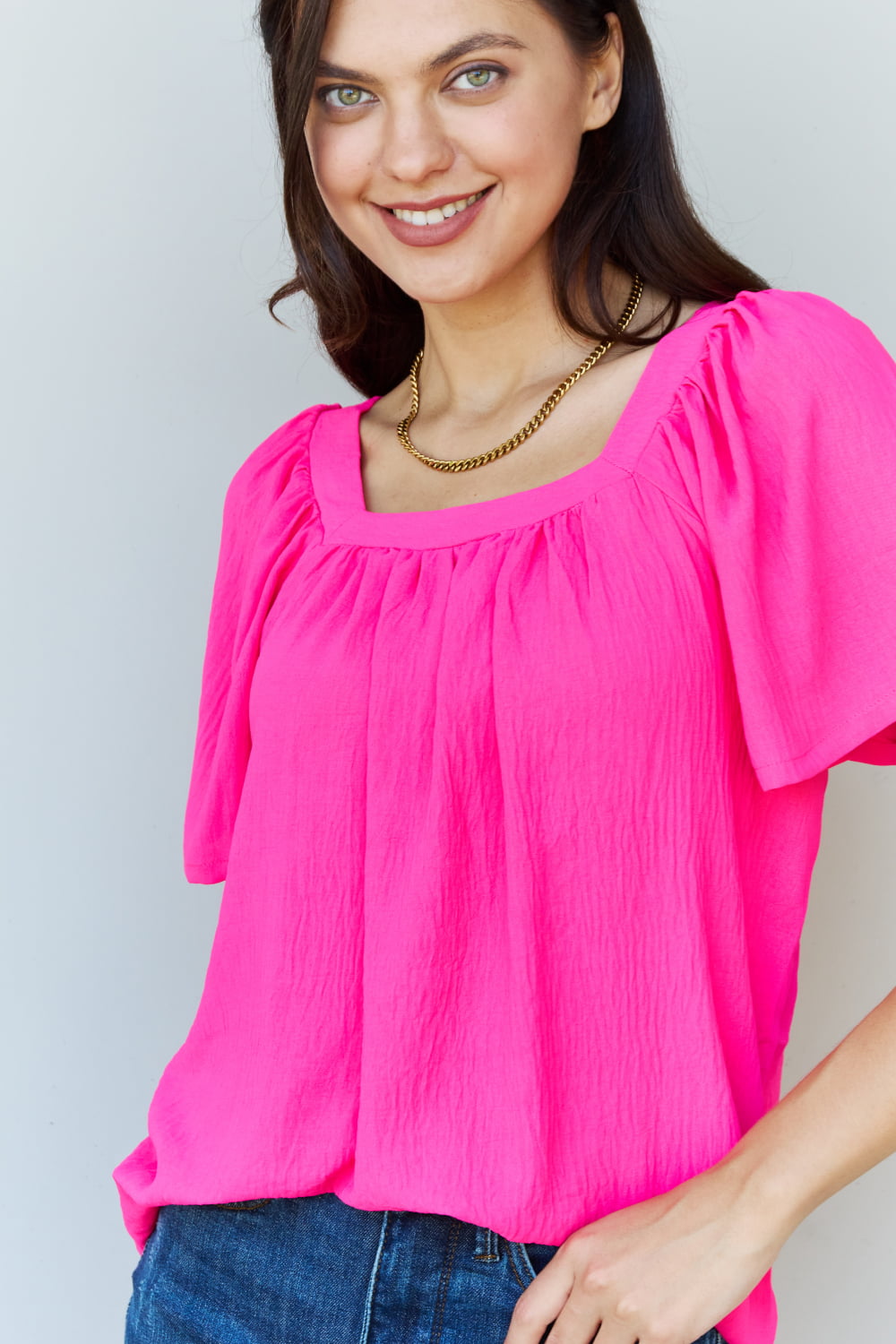 Ninexis Keep Me Close Square Neck Short Sleeve Blouse in Fuchsia - SHIRTS & BLOUSES - Fuchsia